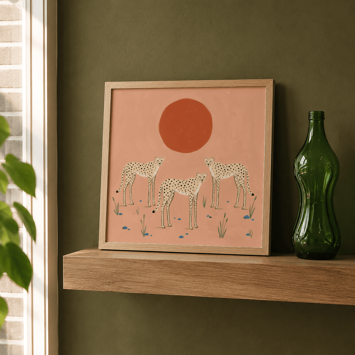 Full composition Cheetah Art Print with trio of cheetahs and bold sun