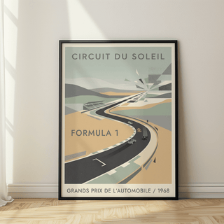 Automobile Circuit Poster with curved track, geometric horizon burst, and race cars
