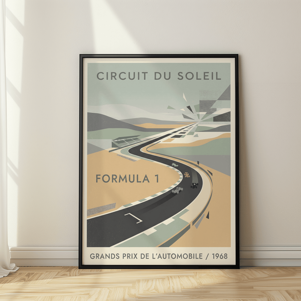 Automobile Circuit Poster with curved track, geometric horizon burst, and race cars