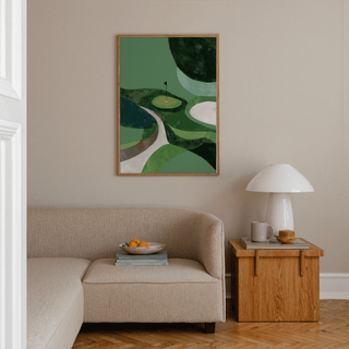 Minimalist Golf Poster with abstract course shapes, curved fairway strip, and a lone flagstick