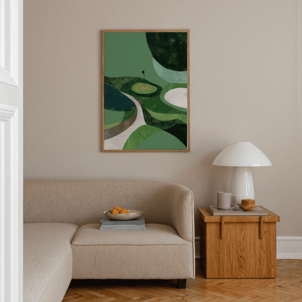 Minimalist Golf Poster with abstract course shapes, curved fairway strip, and a lone flagstick