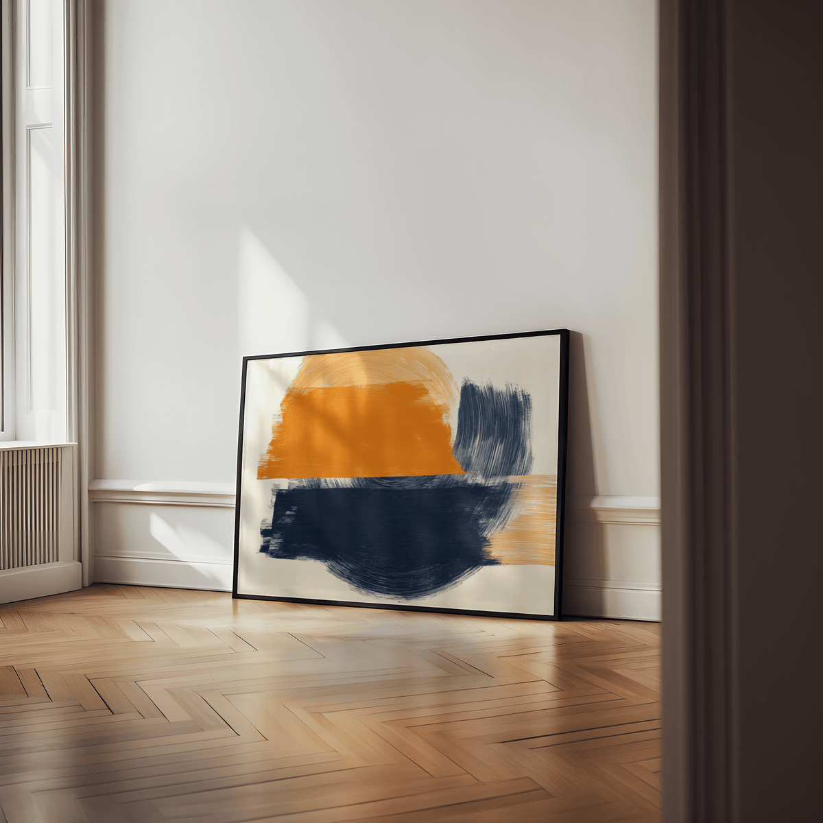 Contemporary Blue and Orange Abstract Art featuring Blue, Orange tones for bedroom wall art
