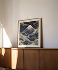 Navy blue and gold Kusama-style wall art of Mount Fuji.