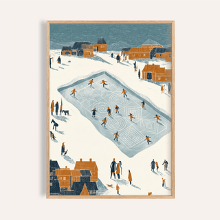 Framed Ice Skating Poster of skaters on patterned ice and orange buildings