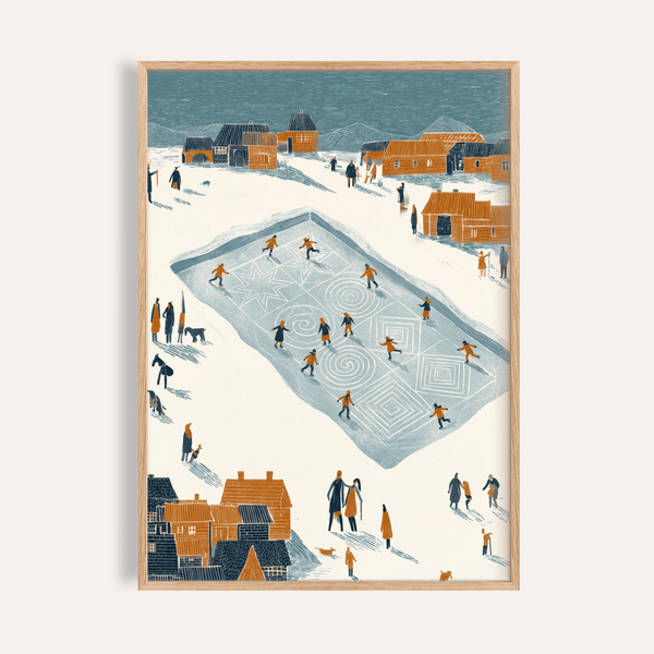 Ice Skating Poster with blue and orange tones for living room wall art