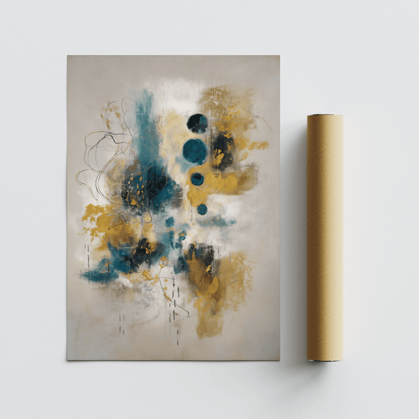 Contemporary Teal and Black Art Print in blue and gold for bedroom decor