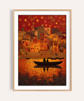 Indian Sunset Wall Art showing layered riverside buildings under concentric circle sky at dusk