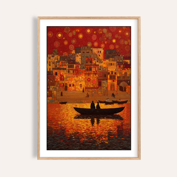 Indian Sunset Wall Art showing layered riverside buildings under concentric circle sky at dusk