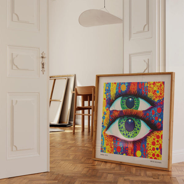 Kusama-style colorful pop art with vibrant circles and detailed eyes