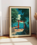 Looking down a path toward a torii gate wall art print by the water