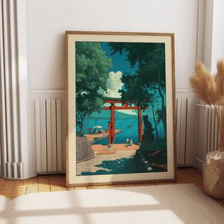Looking down a path toward a torii gate wall art print by the water