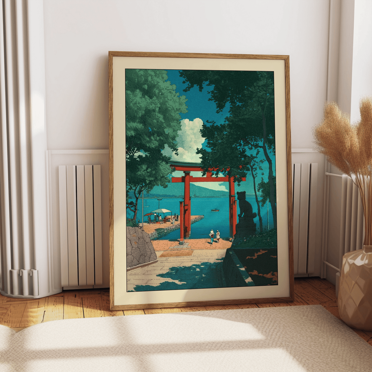 Looking down a path toward a torii gate wall art print by the water
