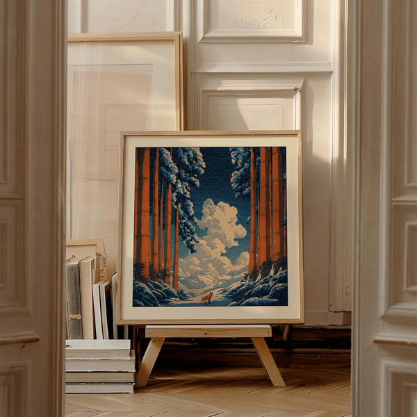 Framed Hasui Kawase snowy forest art print on neutral wall