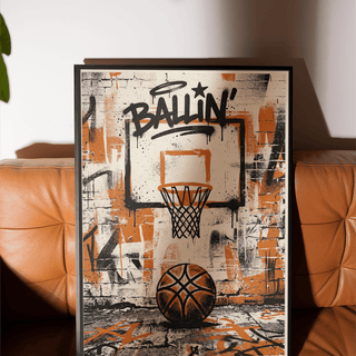Urban Basketball Print focusing on cracked court pavement leading to a black rim and net