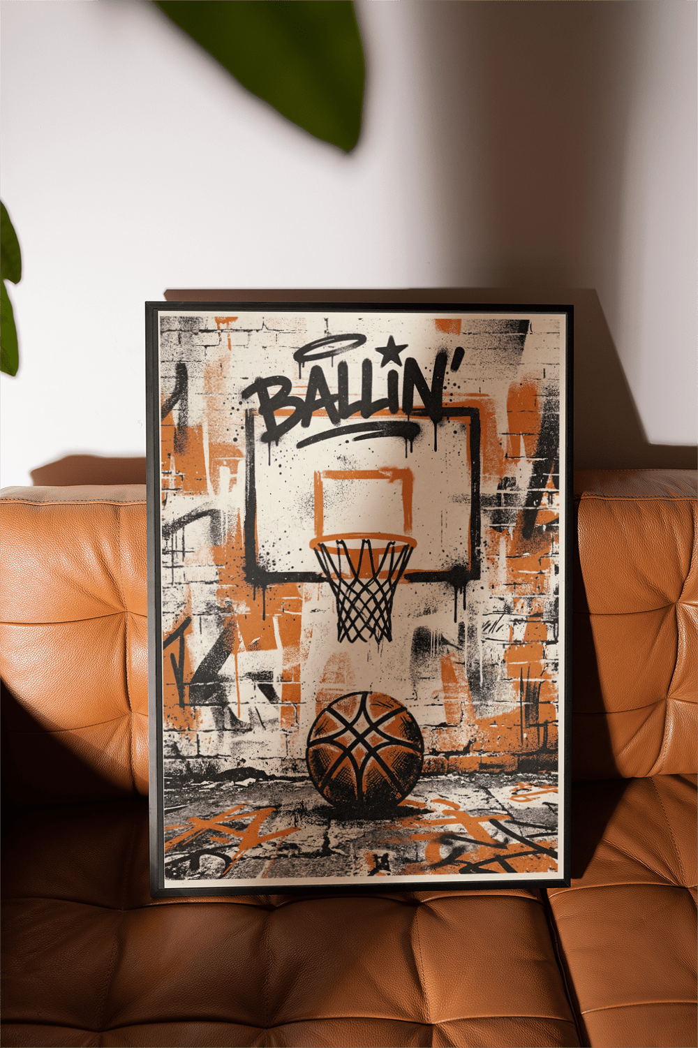 Urban Basketball Print focusing on cracked court pavement leading to a black rim and net