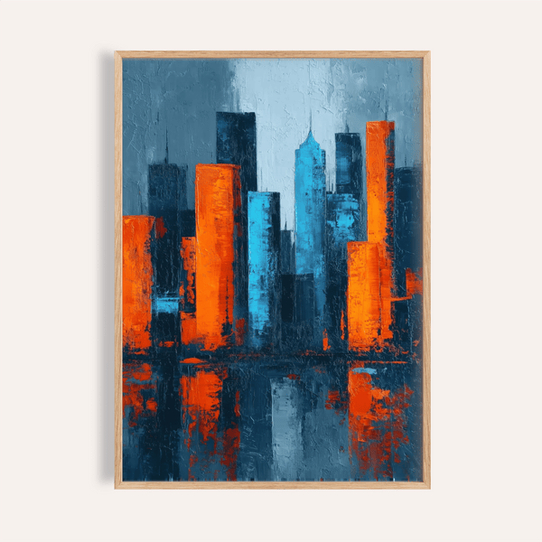 Abstract City Poster in orange and blue for living room wall art