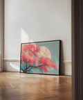 Japanese Moon Tree Art blue and pink art print for lounge area