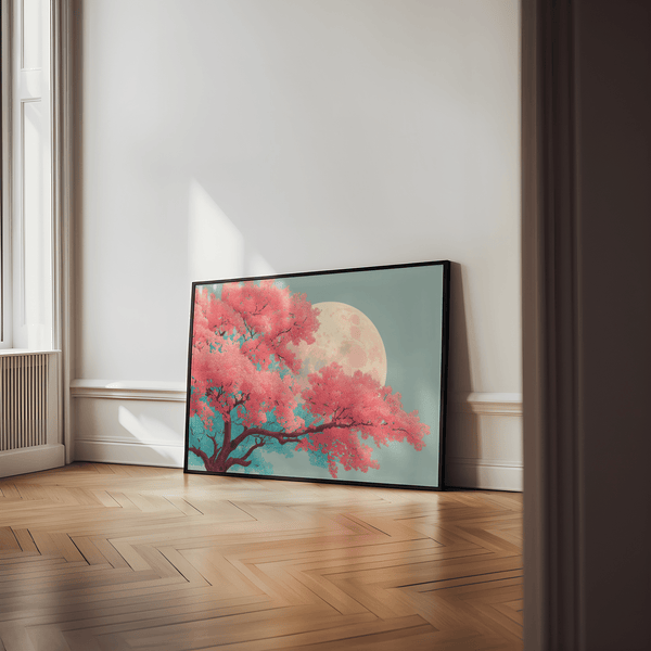 Japanese Moon Tree Art blue and pink art print for lounge area