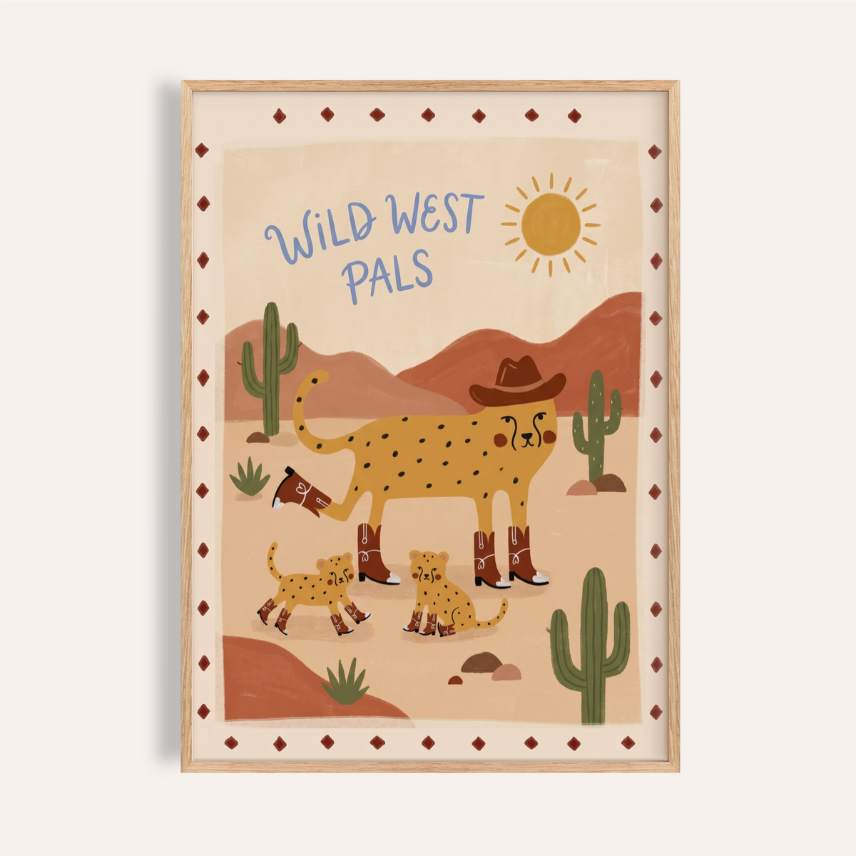 Whimsical desert wall art poster with cowboy cheetah, cubs, cactus, and sun