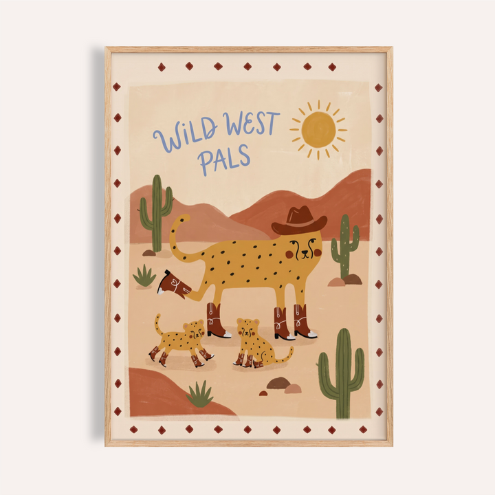Whimsical desert wall art poster with cowboy cheetah, cubs, cactus, and sun