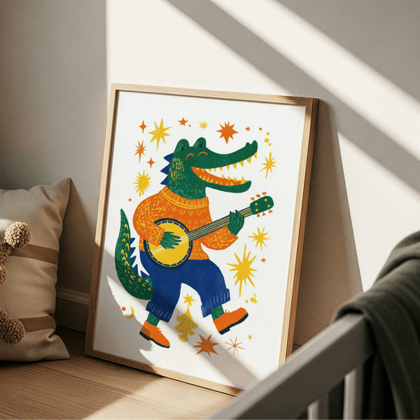 Funny Crocodile Art Print Multicolored illustration for playroom poster