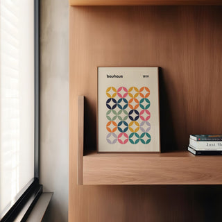 Office-ready colorful wall art featuring playful circular forms and vintage tones.