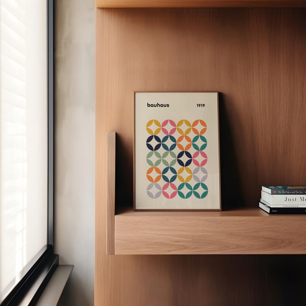 Office-ready colorful wall art featuring playful circular forms and vintage tones.