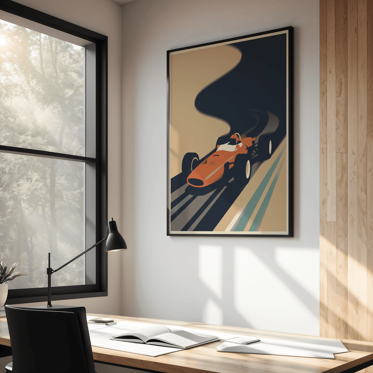 Close-up style racing poster showing streamlined nose and large wheels