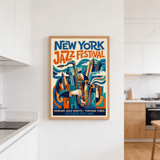 Vintage Jazz Music Poster featuring large Jazz Festival lettering and a cityscape backdrop