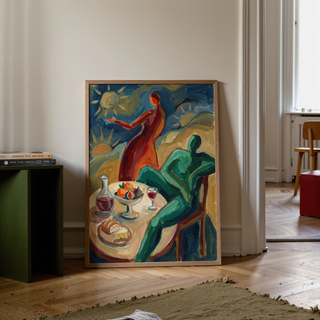 Detail shot of green, red, and blue strokes on Dining Scene Wall Art canvas
