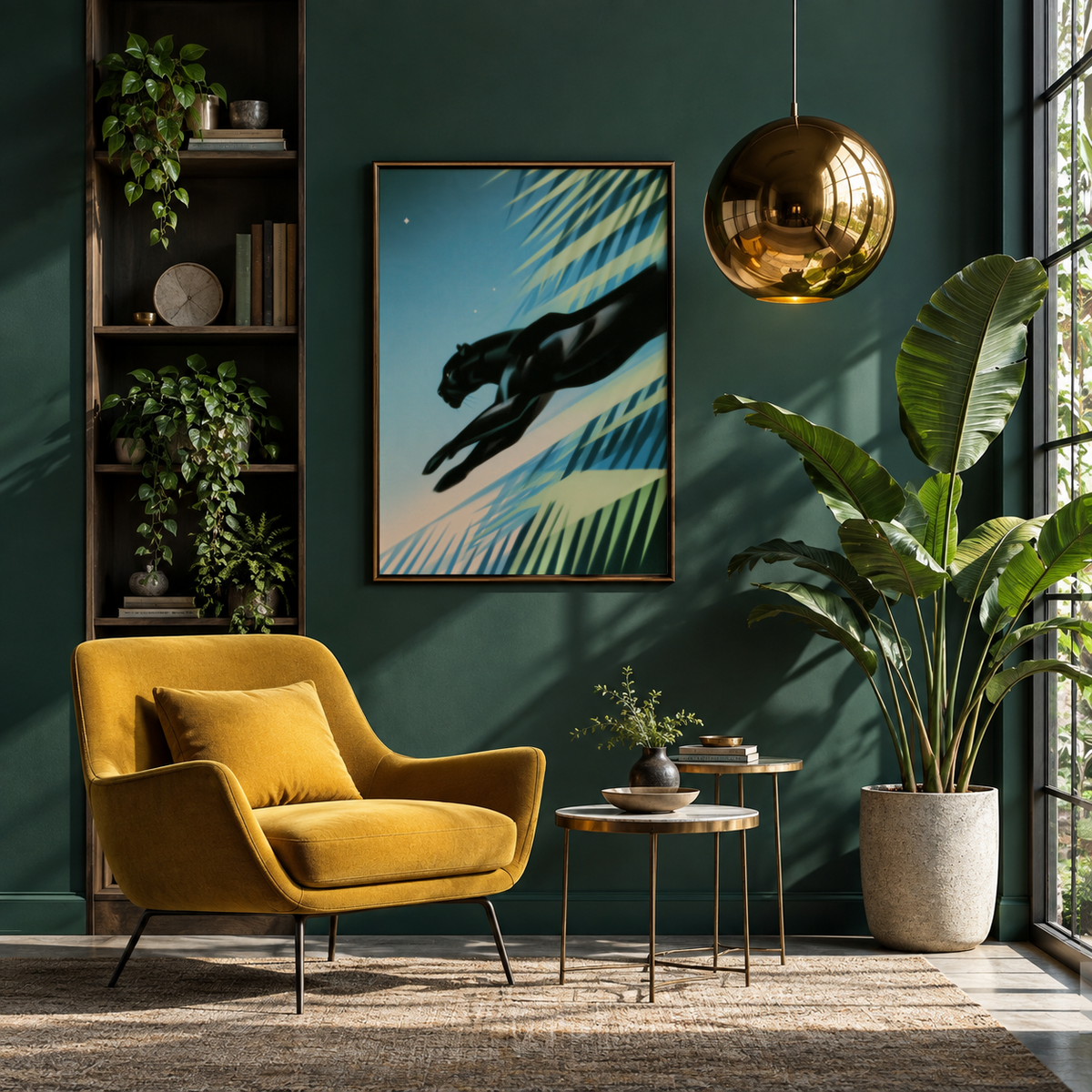 Art Deco Black Panther Print poster showing a panther mid-leap across fronds