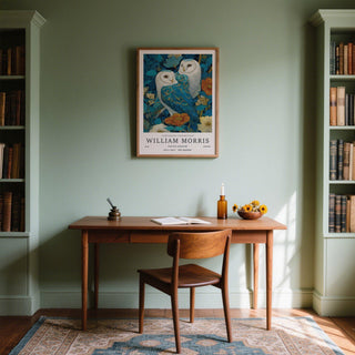 Illustration of owls with orange eyes among blue and gold flowers – Wall Art Unique.