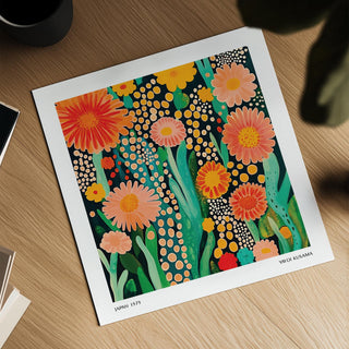 Flowers print in shades of orange and pink with dotted backgrounds in Kusama’s spirit.