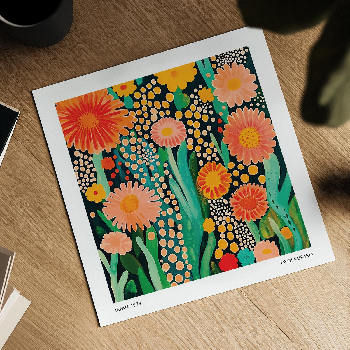 Flowers print in shades of orange and pink with dotted backgrounds in Kusama’s spirit.