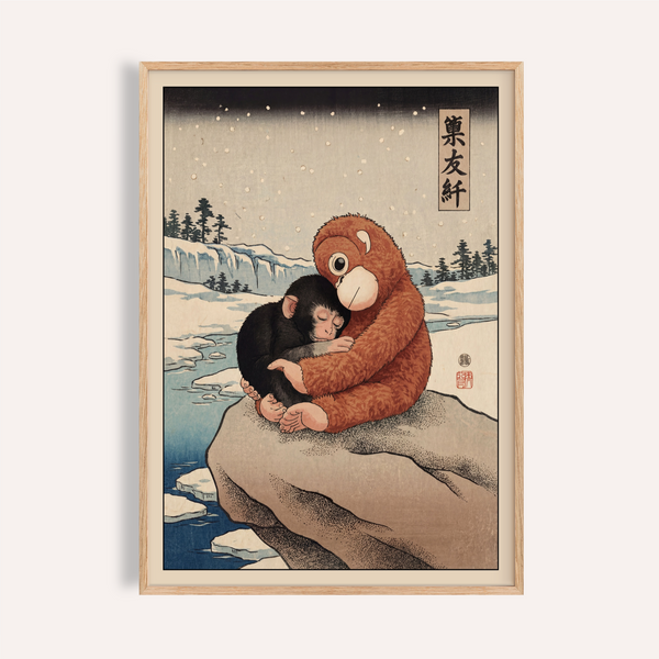 Punch Monkey Poster artwork showing two monkeys hugging in falling snow