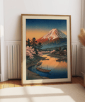 Vintage landscape wall art with cherry blossoms and pagoda