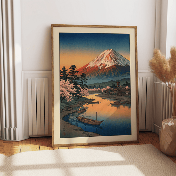 Vintage landscape wall art with cherry blossoms and pagoda