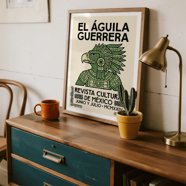 Centered poster print showing geometric eagle profile with bold Spanish headline and Revista Cultural de México text block