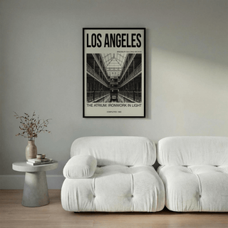 Los Angeles Architecture Art Print with skylit ceiling, repeating balconies, and ironwork detail