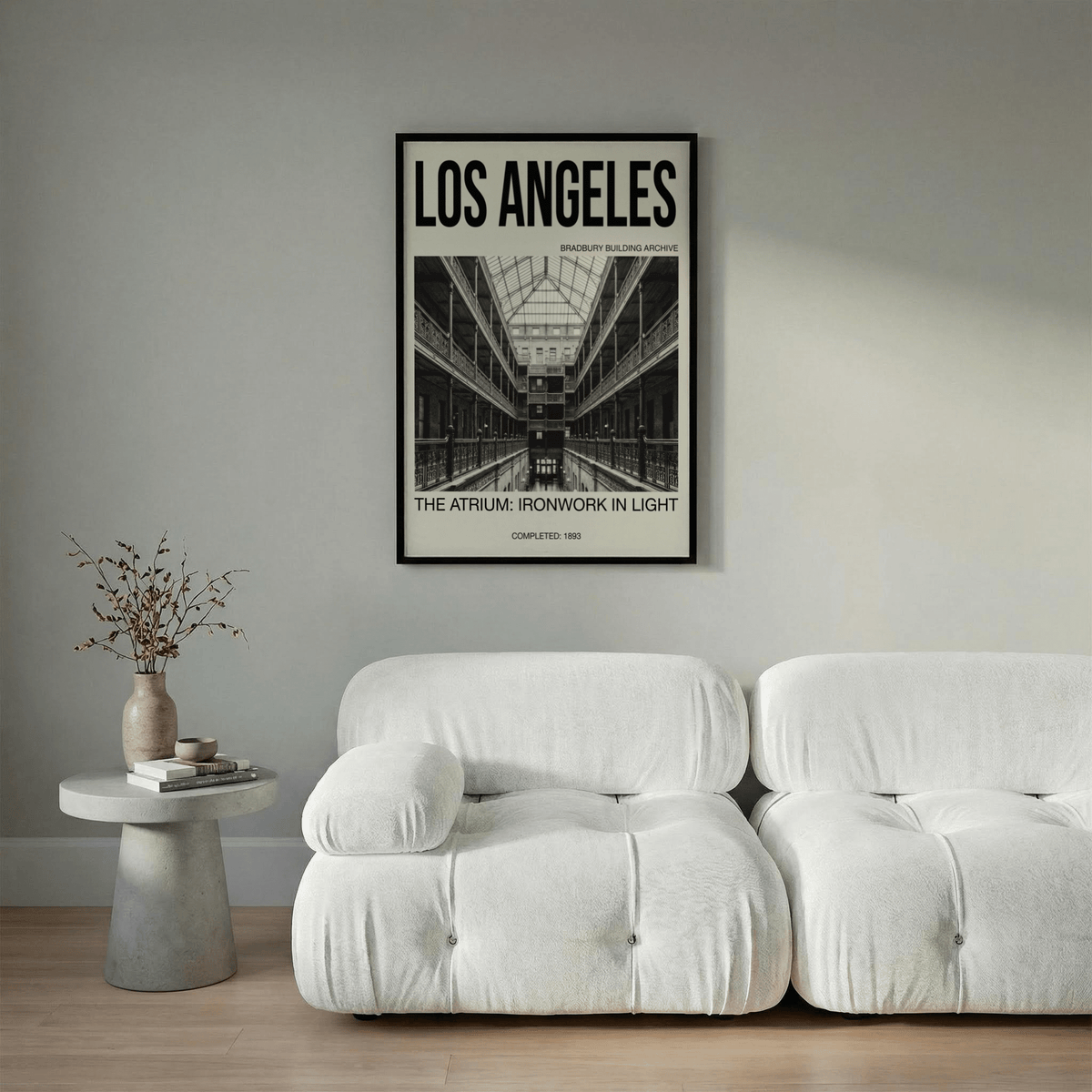 Los Angeles Architecture Art Print with skylit ceiling, repeating balconies, and ironwork detail