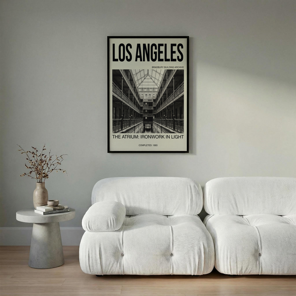 Los Angeles Architecture Art Print with skylit ceiling, repeating balconies, and ironwork detail