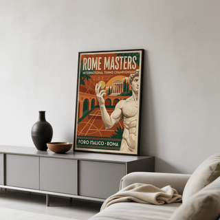 Classic tournament poster wall art with “International Tennis Championship” text and architectural backdrop