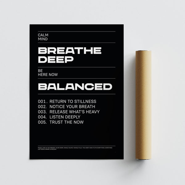 Centering black and white wall art print about calm and clarity.