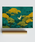 Colorful Japanese Nature Art poster in Green and Yellow for bedroom tranquility