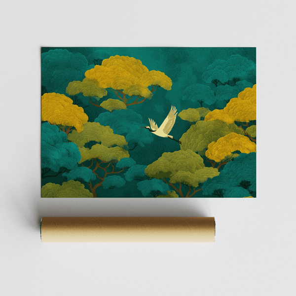 Colorful Japanese Nature Art poster in Green and Yellow for bedroom tranquility