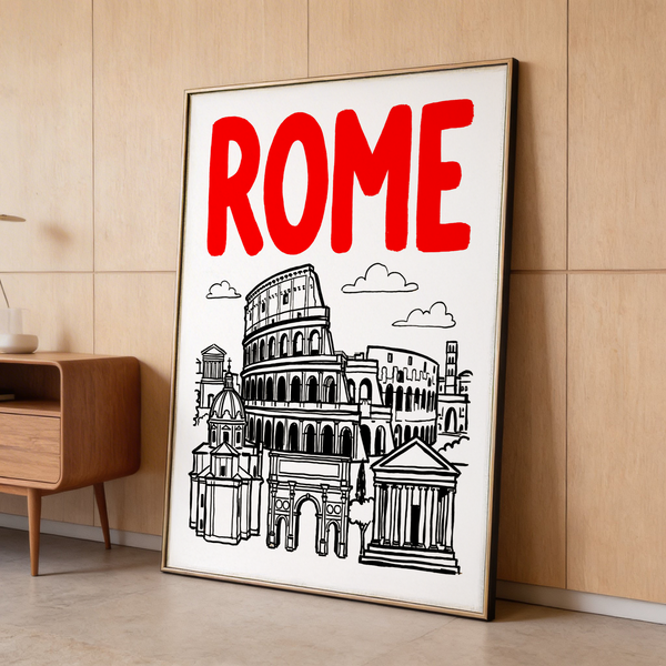 Graphic illustration of Colosseum and arch beneath oversized ROME lettering
