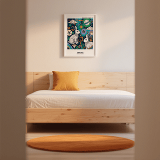 Botanical corner detail of floral shapes and curling stems on a patterned wall art print poster
