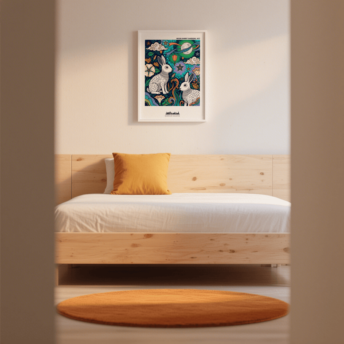 Botanical corner detail of floral shapes and curling stems on a patterned wall art print poster