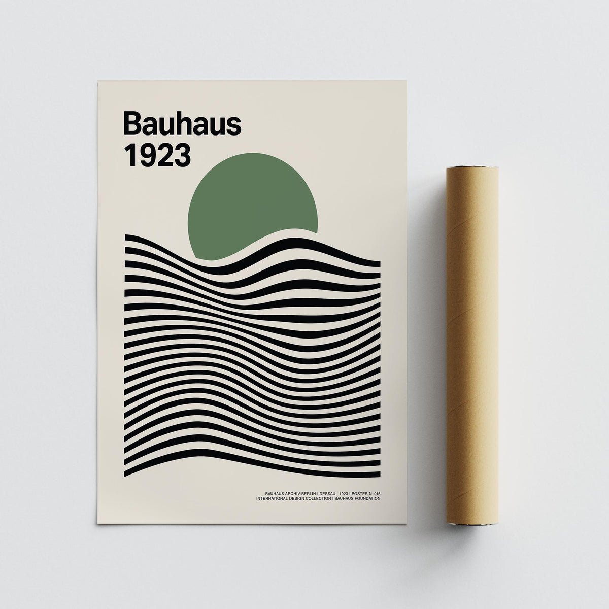 Contemporary Sage Green Print with balanced black curves and green orb.