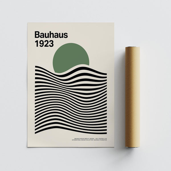 Contemporary Sage Green Print with balanced black curves and green orb.